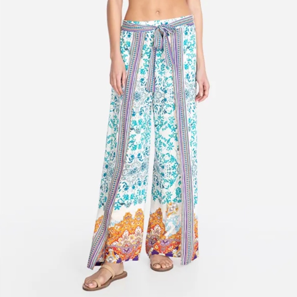 JOHNNY WAS Ellyo Tie Waist Wrap Pants XS White Blue Floral